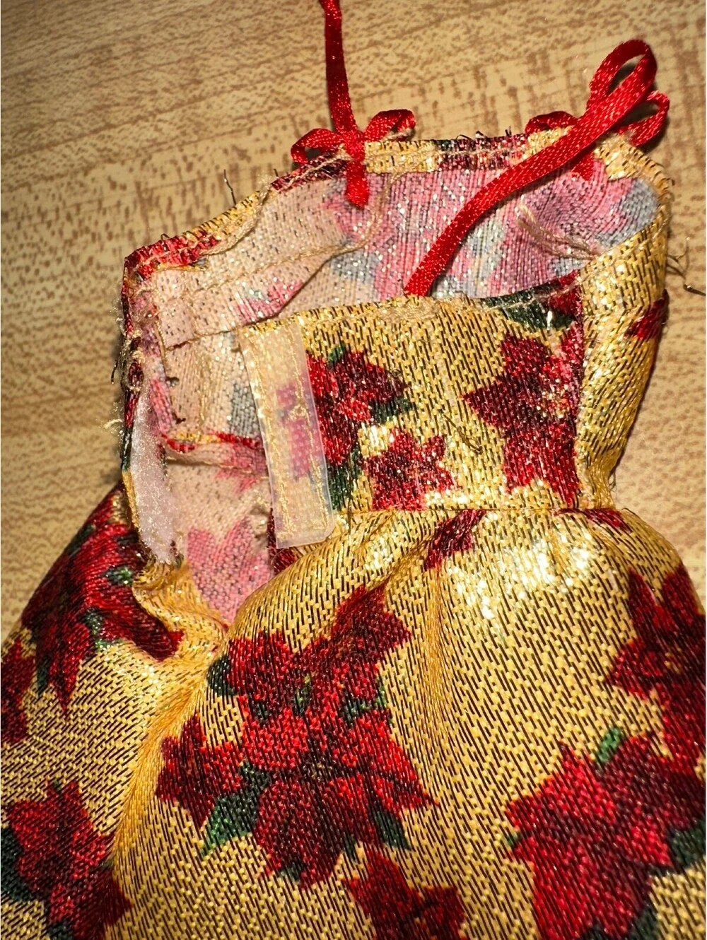 Barbie Doll Dress Gold Red Floral Poinsettia Holiday Costume Outfit Size Small